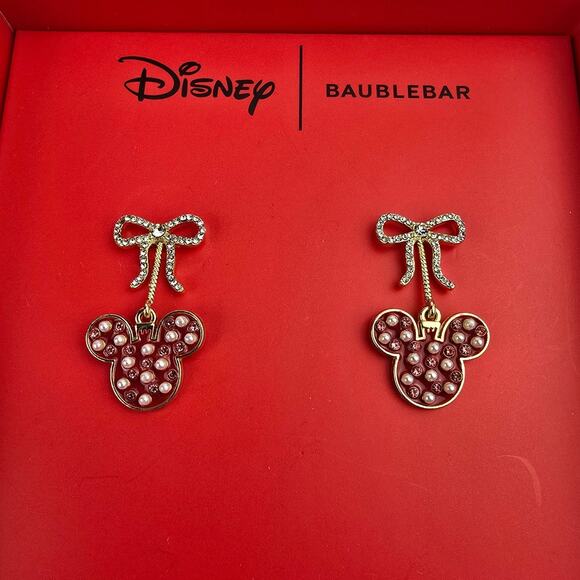 Disney x BaubleBar Christmas Mickey Mouse Bow Ornament Dangle Earrings - Picture 1 of 5